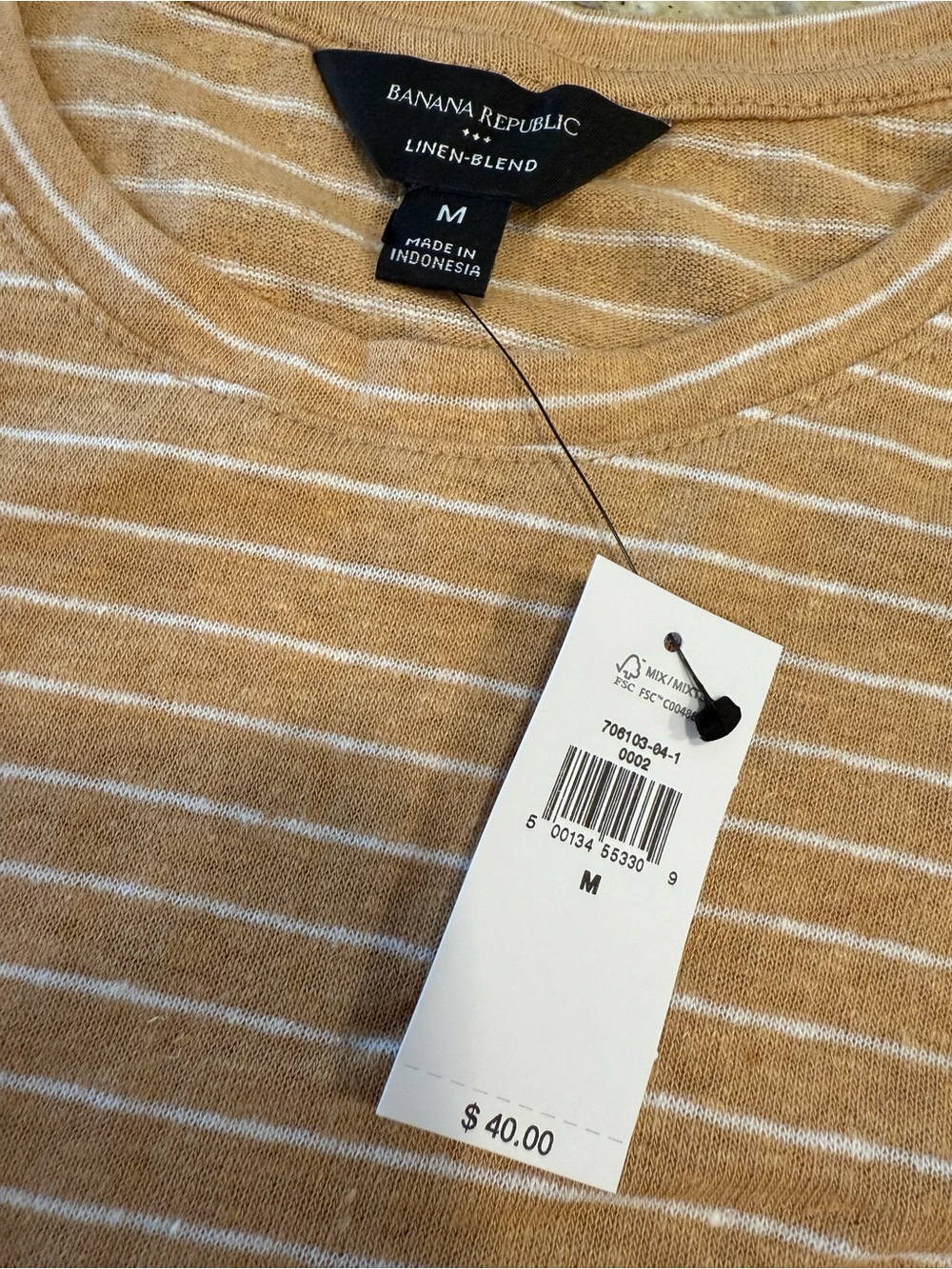 Banana Republic Factory linen blend tan white striped tee SZ M - Picture 6 of 12